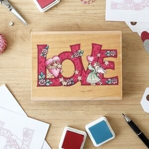 Mary Engelbreit LOVE Fairy Rubber Stamp Vintage Valentine Folk Art Wood Mounted